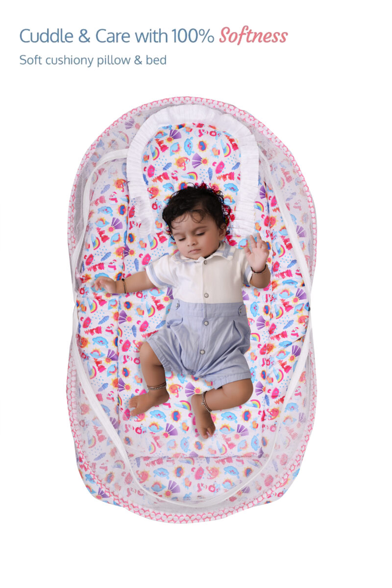 GODADI WALA Present Print Cotton Bedding Set Thick Base Foldable  with Mosquito Net and Head Pillow - Zip Closure (pink white raibow)