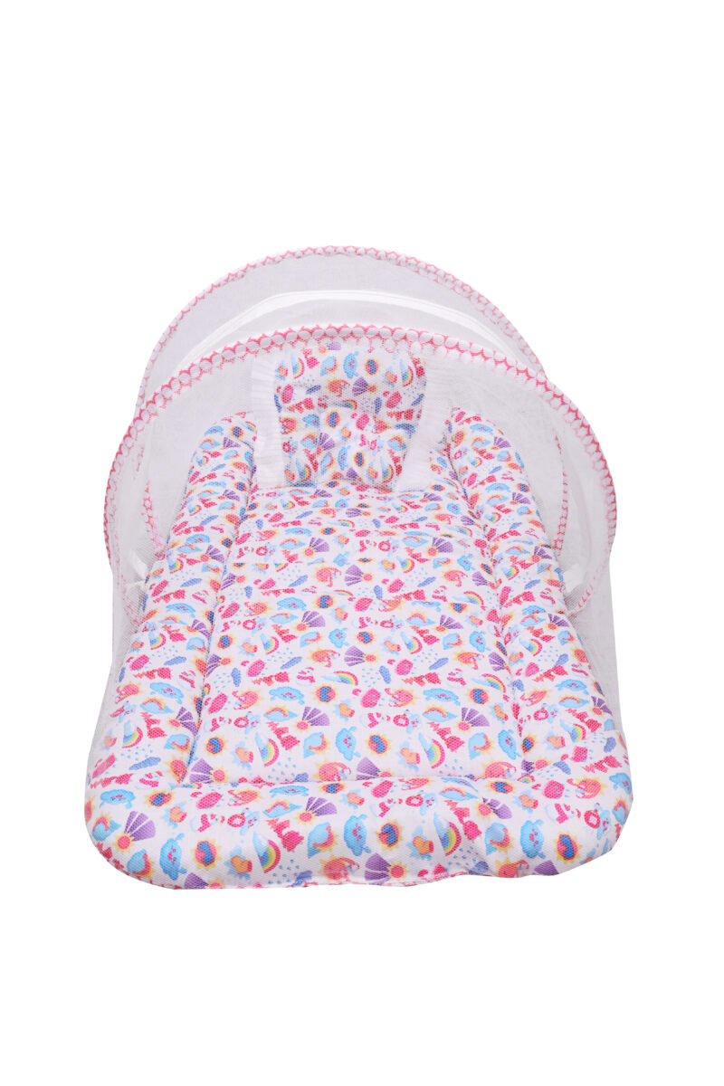 GODADI WALA Present Print Cotton Bedding Set Thick Base Foldable  with Mosquito Net and Head Pillow - Zip Closure (pink white raibow) - Image 2
