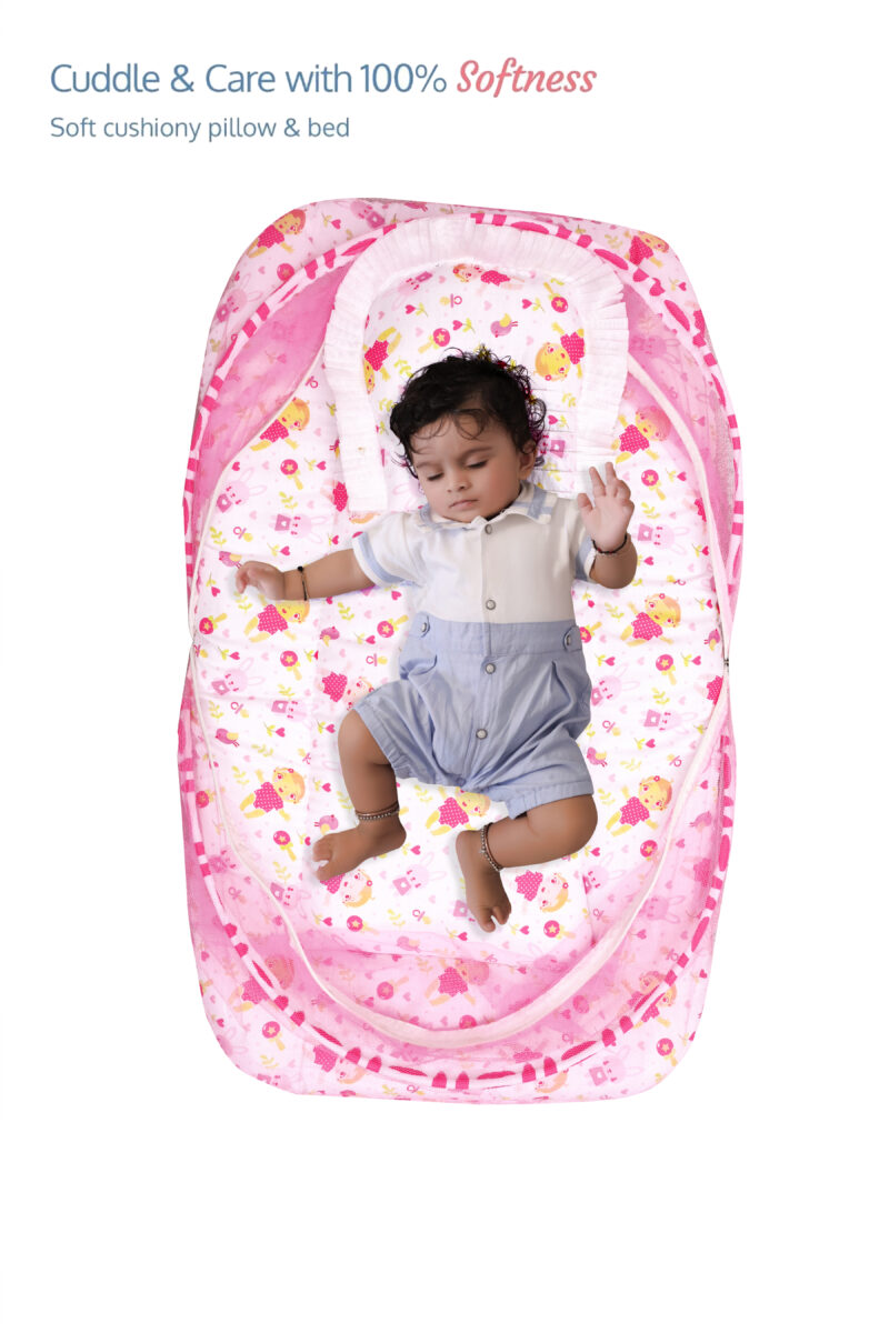 GODADI WALA Present Print Cotton Bedding Set Thick Base Foldable  with Mosquito Net and Head Pillow - Zip Closure (pink baby & bird)