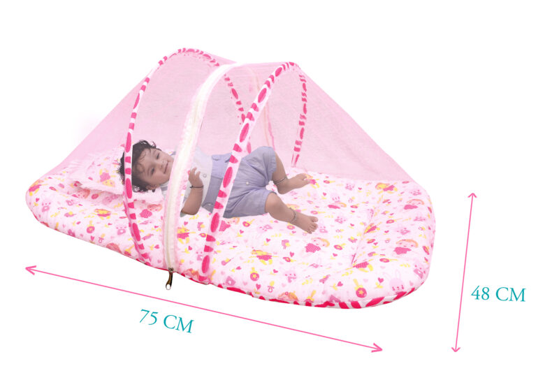 GODADI WALA Present Print Cotton Bedding Set Thick Base Foldable  with Mosquito Net and Head Pillow - Zip Closure (pink baby & bird) - Image 5