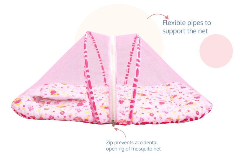 GODADI WALA Present Print Cotton Bedding Set Thick Base Foldable  with Mosquito Net and Head Pillow - Zip Closure (pink baby & bird) - Image 6
