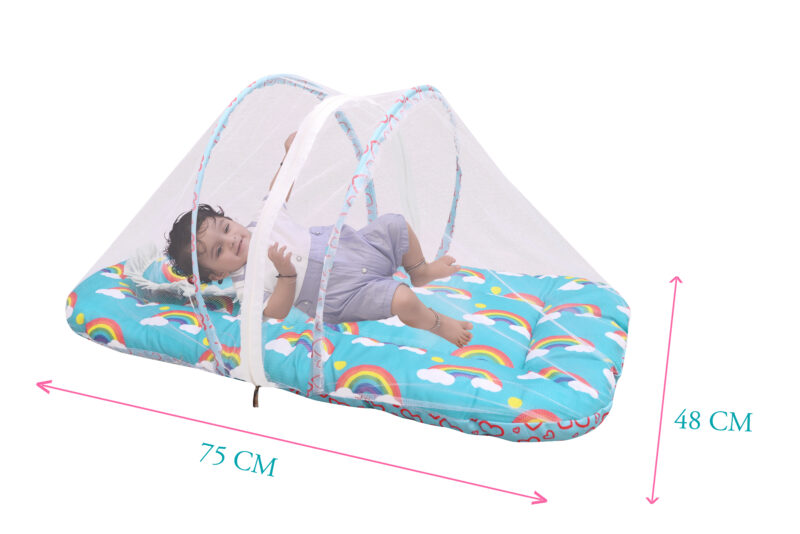 GODADI WALA Present Print Cotton Bedding Set Thick Base Foldable  with Mosquito Net and Head Pillow - Zip Closure (Blue Rainbo) - Image 3