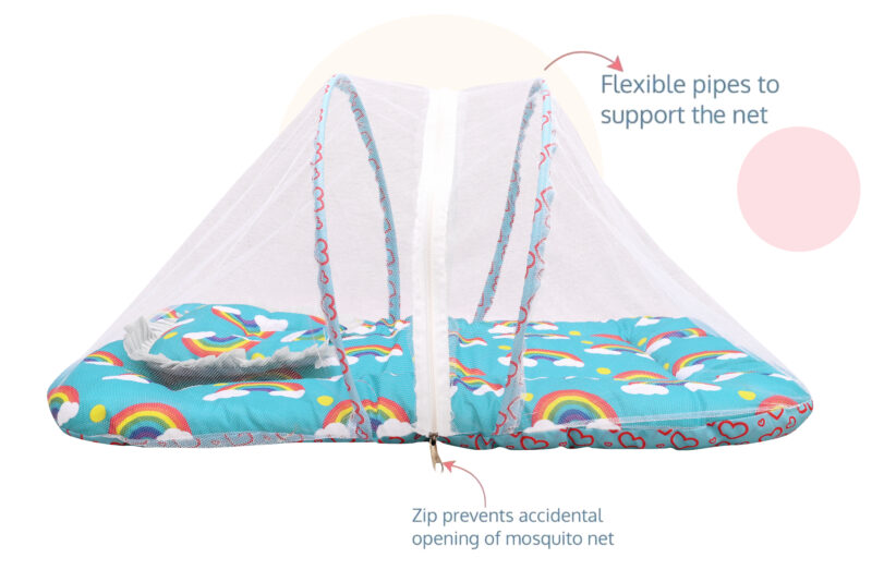 GODADI WALA Present Print Cotton Bedding Set Thick Base Foldable  with Mosquito Net and Head Pillow - Zip Closure (Blue Rainbo) - Image 4