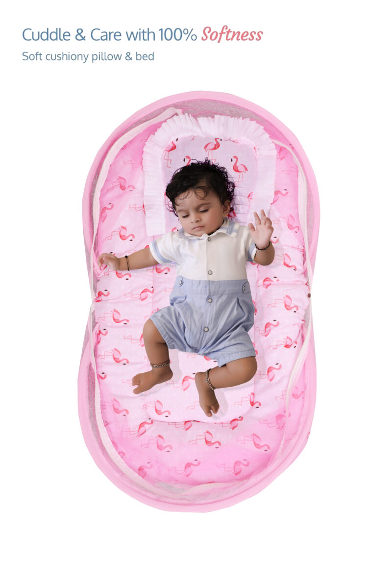 GODADI WALA Present Print Cotton Bedding Set Thick Base Foldable  with Mosquito Net and Head Pillow - Zip Closure (pink duck)