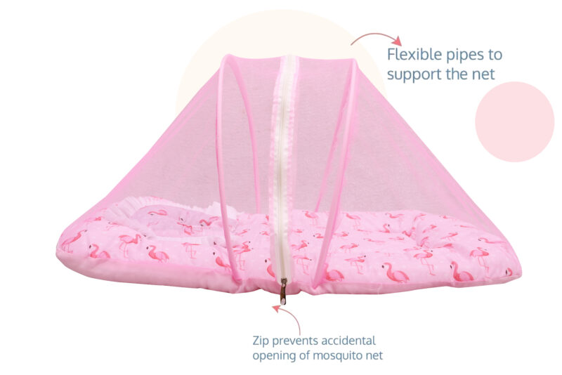 GODADI WALA Present Print Cotton Bedding Set Thick Base Foldable  with Mosquito Net and Head Pillow - Zip Closure (pink duck) - Image 4