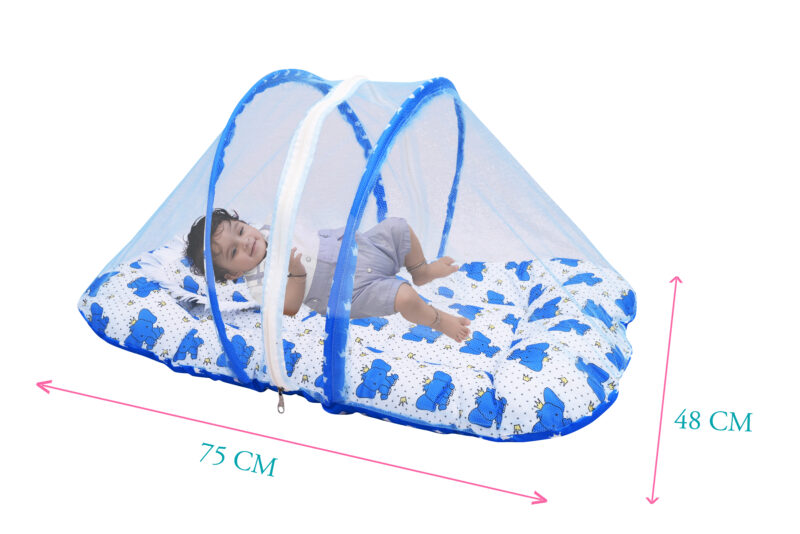 GODADI WALA Present Print Cotton Bedding Set Thick Base Foldable  with Mosquito Net and Head Pillow - Zip Closure (Blue Elephant) - Image 2