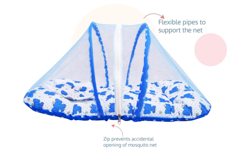 GODADI WALA Present Print Cotton Bedding Set Thick Base Foldable  with Mosquito Net and Head Pillow - Zip Closure (Blue Elephant) - Image 3