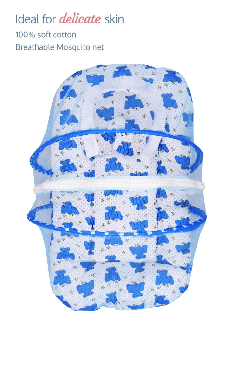 GODADI WALA Present Print Cotton Bedding Set Thick Base Foldable  with Mosquito Net and Head Pillow - Zip Closure (Blue Elephant) - Image 4