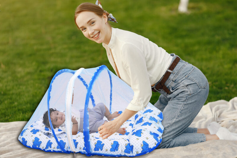 GODADI WALA Present Print Cotton Bedding Set Thick Base Foldable  with Mosquito Net and Head Pillow - Zip Closure (Blue Elephant) - Image 6