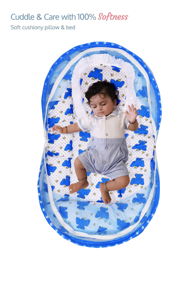 GODADI WALA Present Print Cotton Bedding Set Thick Base Foldable  with Mosquito Net and Head Pillow - Zip Closure (Blue Elephant)