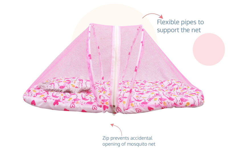 GODADI WALA Present Print Cotton Bedding Set Thick Base Foldable  with Mosquito Net and Head Pillow - Zip Closure (pink white duck) - Image 5