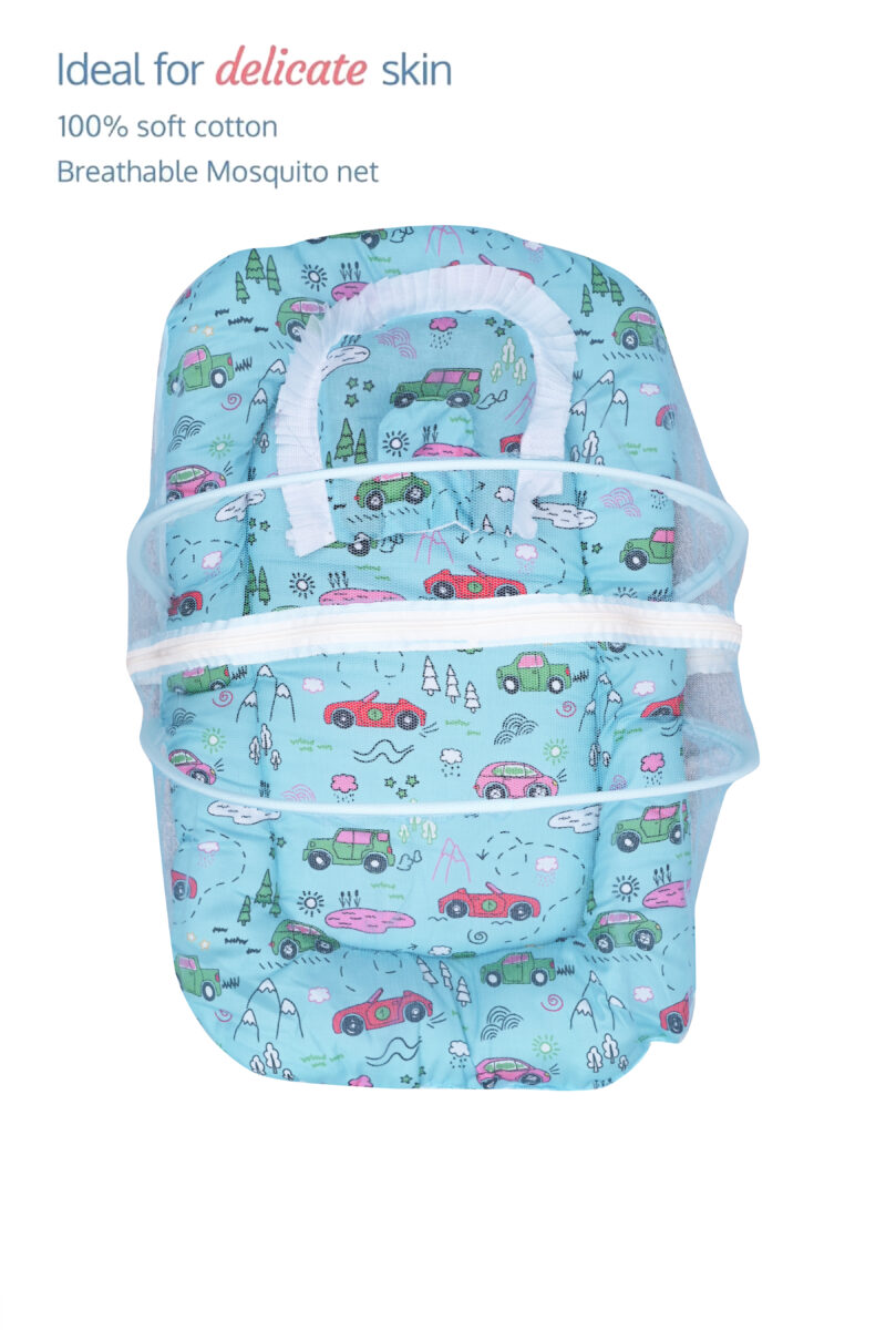 GODADI WALA Present Print Cotton Bedding Set Thick Base Foldable  with Mosquito Net and Head Pillow - Zip Closure (Blue car) - Image 2