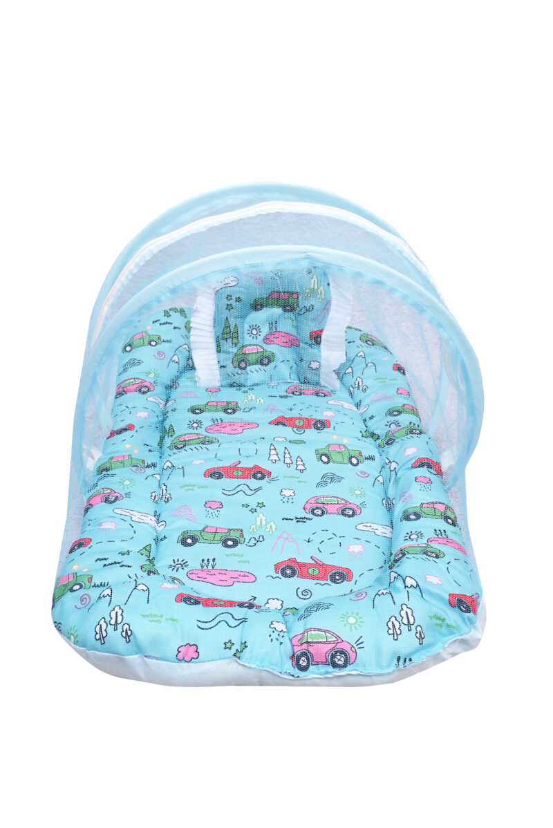 GODADI WALA Present Print Cotton Bedding Set Thick Base Foldable  with Mosquito Net and Head Pillow - Zip Closure (Blue car) - Image 3
