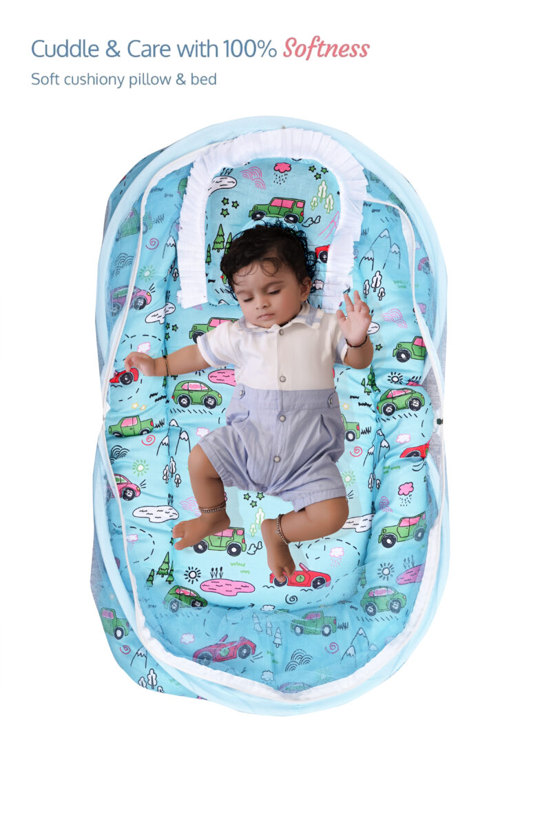 GODADI WALA Present Print Cotton Bedding Set Thick Base Foldable  with Mosquito Net and Head Pillow - Zip Closure (Blue car)