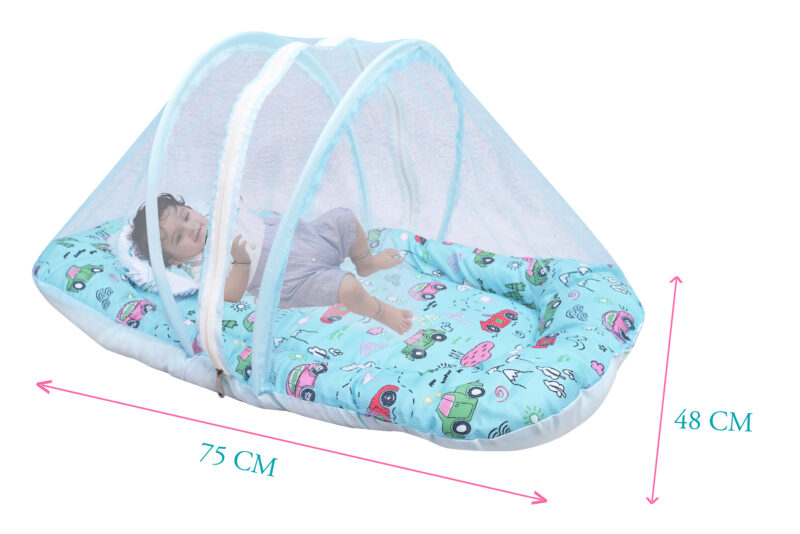 GODADI WALA Present Print Cotton Bedding Set Thick Base Foldable  with Mosquito Net and Head Pillow - Zip Closure (Blue car) - Image 5