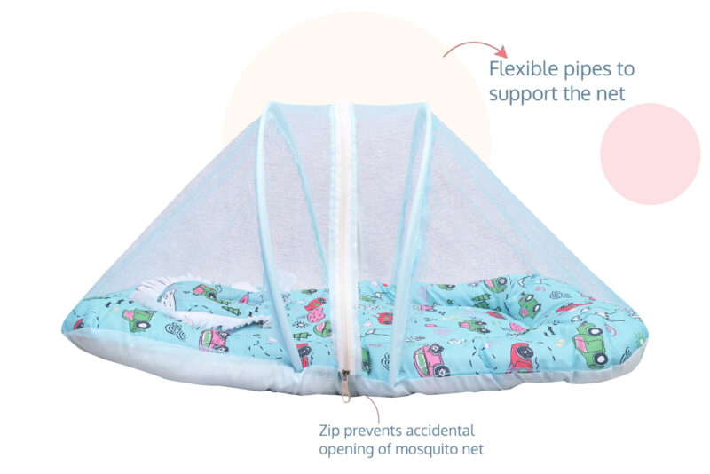 GODADI WALA Present Print Cotton Bedding Set Thick Base Foldable  with Mosquito Net and Head Pillow - Zip Closure (Blue car) - Image 6