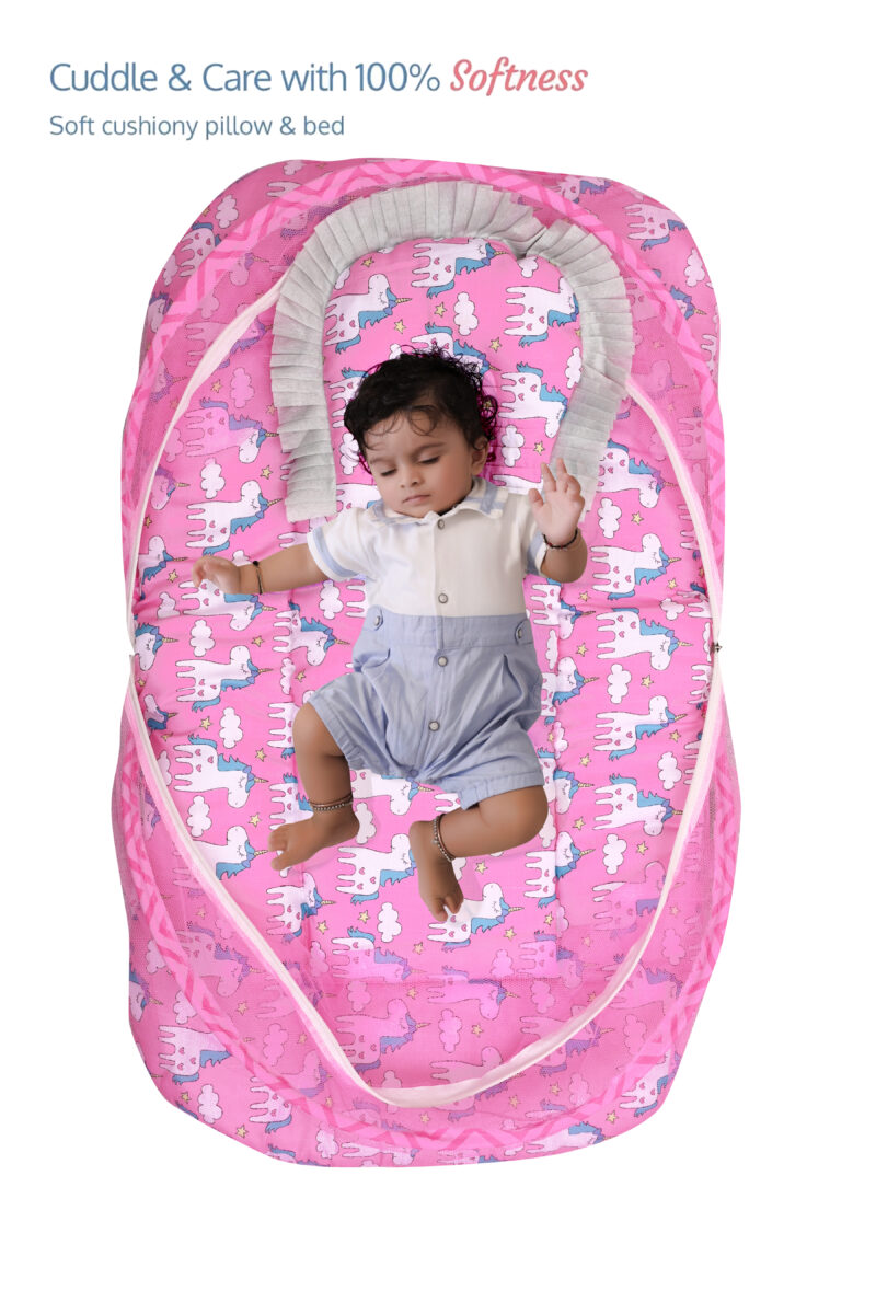 GODADI WALA Present Print Cotton Bedding Set Thick Base Foldable  with Mosquito Net and Head Pillow - Zip Closure (pink unicorn)