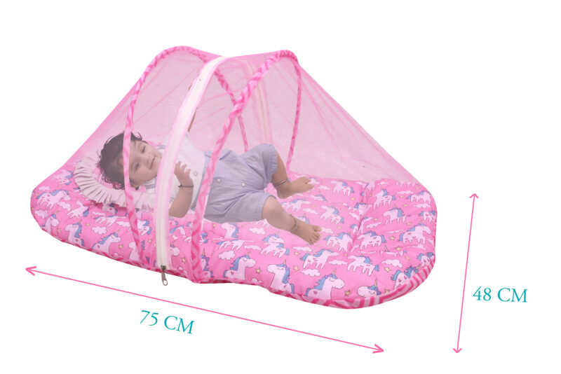 GODADI WALA Present Print Cotton Bedding Set Thick Base Foldable  with Mosquito Net and Head Pillow - Zip Closure (pink unicorn) - Image 3