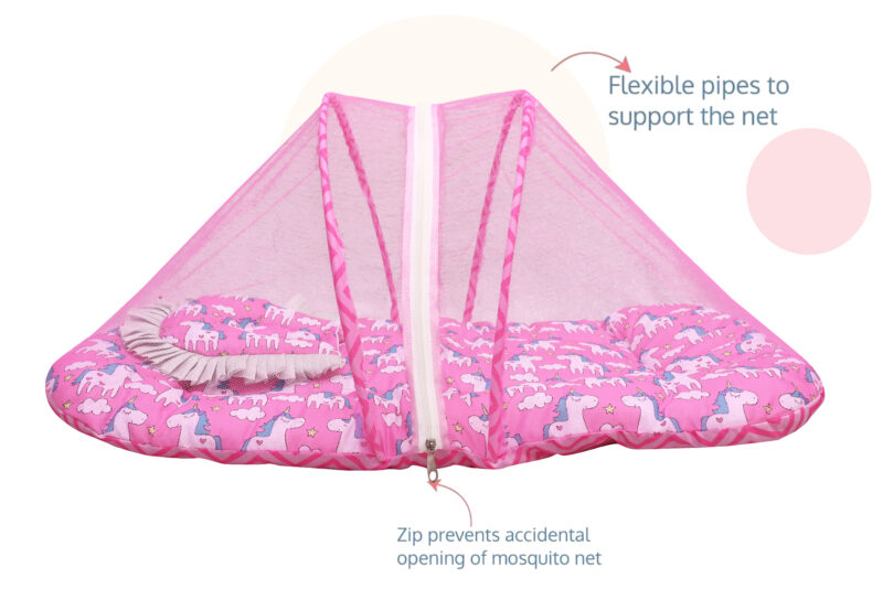 GODADI WALA Present Print Cotton Bedding Set Thick Base Foldable  with Mosquito Net and Head Pillow - Zip Closure (pink unicorn) - Image 4