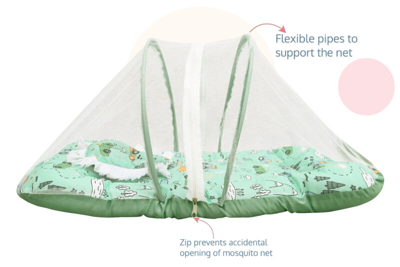 GODADI WALA Present Print Cotton Bedding Set Thick Base Foldable  with Mosquito Net and Head Pillow - Zip Closure (Green Car) - Image 3