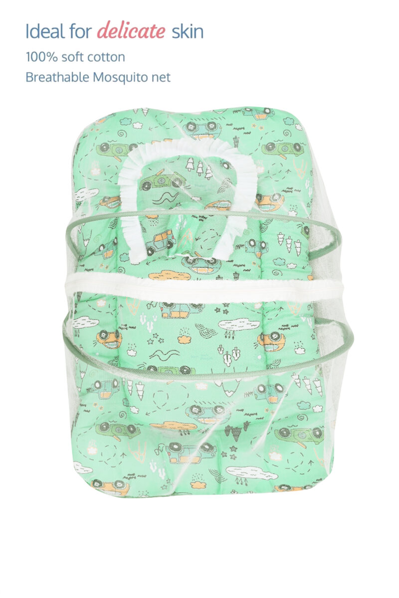 GODADI WALA Present Print Cotton Bedding Set Thick Base Foldable  with Mosquito Net and Head Pillow - Zip Closure (Green Car) - Image 4