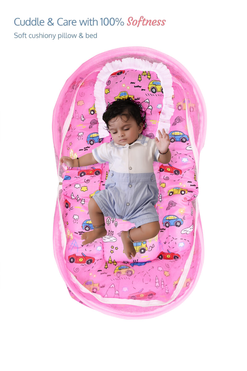 GODADI WALA Present Print Cotton Bedding Set Thick Base Foldable  with Mosquito Net and Head Pillow - Zip Closure (pink car)