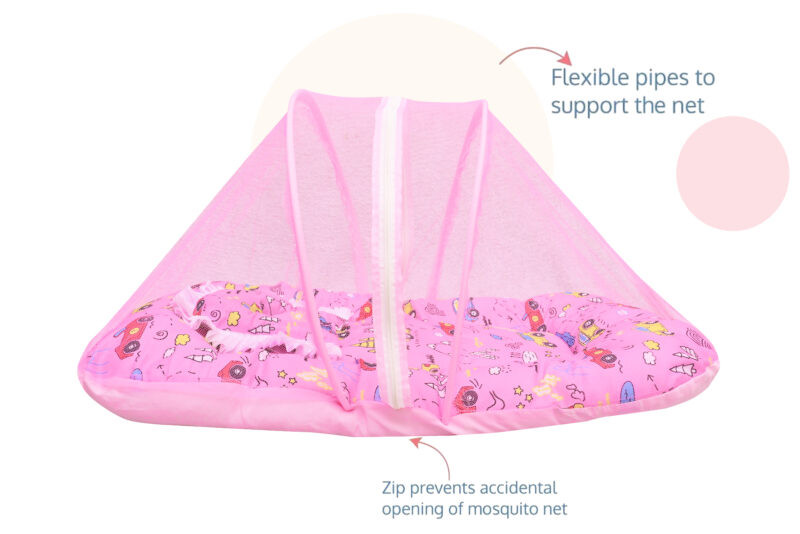 GODADI WALA Present Print Cotton Bedding Set Thick Base Foldable  with Mosquito Net and Head Pillow - Zip Closure (pink car) - Image 4