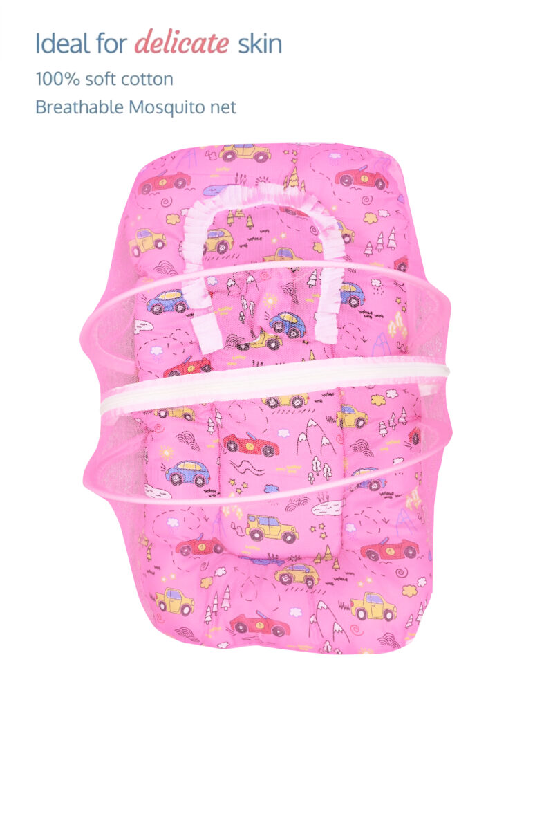 GODADI WALA Present Print Cotton Bedding Set Thick Base Foldable  with Mosquito Net and Head Pillow - Zip Closure (pink car) - Image 5