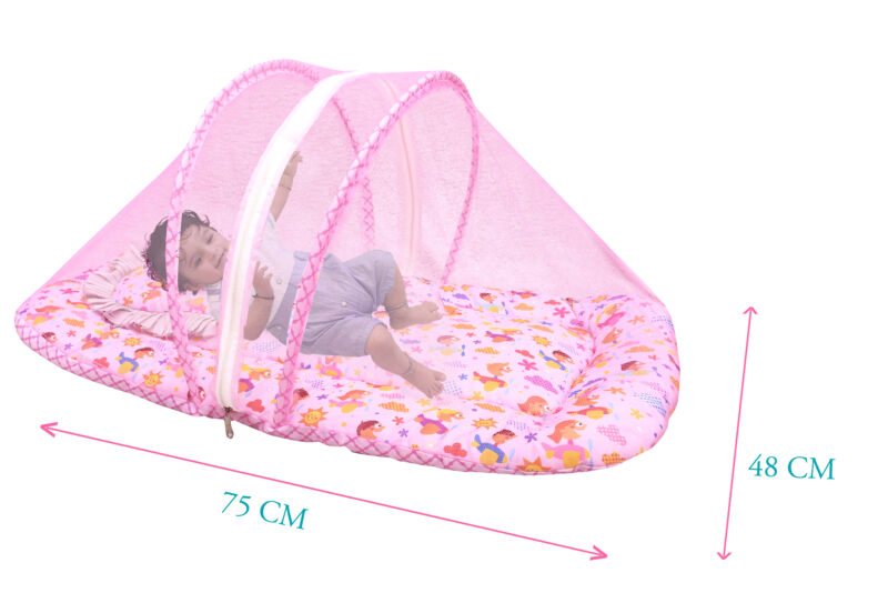 GODADI WALA Present Print Cotton Bedding Set Thick Base Foldable  with Mosquito Net and Head Pillow - Zip Closure (pink baby-fish-sun) - Image 2