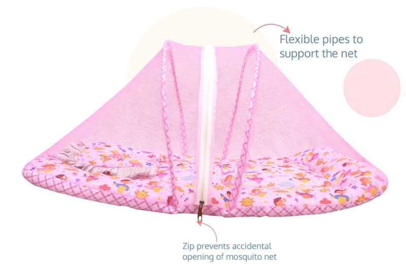 GODADI WALA Present Print Cotton Bedding Set Thick Base Foldable  with Mosquito Net and Head Pillow - Zip Closure (pink baby-fish-sun) - Image 4
