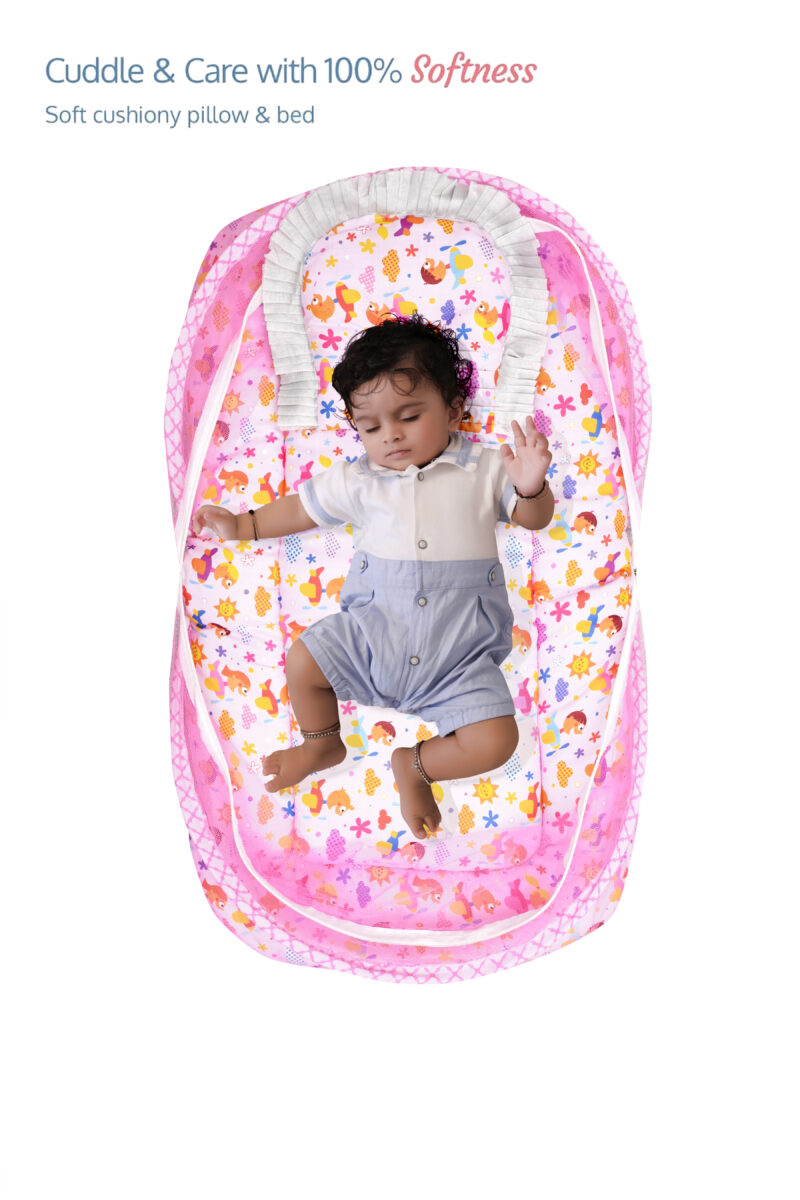 GODADI WALA Present Print Cotton Bedding Set Thick Base Foldable  with Mosquito Net and Head Pillow - Zip Closure (pink baby-fish-sun)