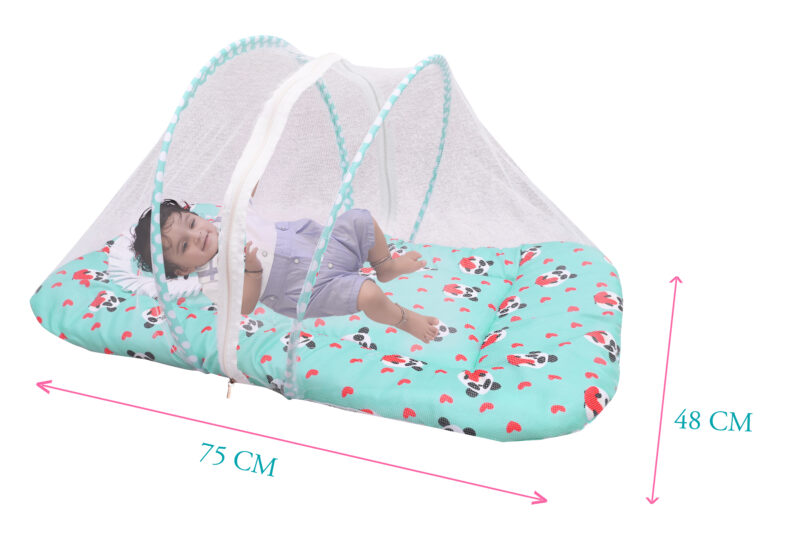 GODADI WALA Present Print Cotton Bedding Set Thick Base Foldable  with Mosquito Net and Head Pillow - Zip Closure (Green Panda) - Image 3