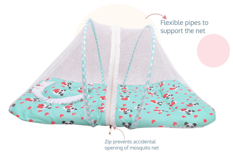 GODADI WALA Present Print Cotton Bedding Set Thick Base Foldable  with Mosquito Net and Head Pillow - Zip Closure (Green Panda) - Image 4