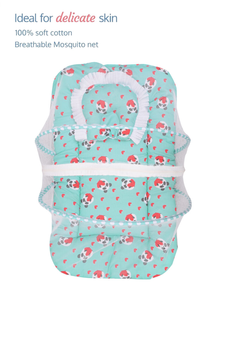 GODADI WALA Present Print Cotton Bedding Set Thick Base Foldable  with Mosquito Net and Head Pillow - Zip Closure (Green Panda) - Image 5