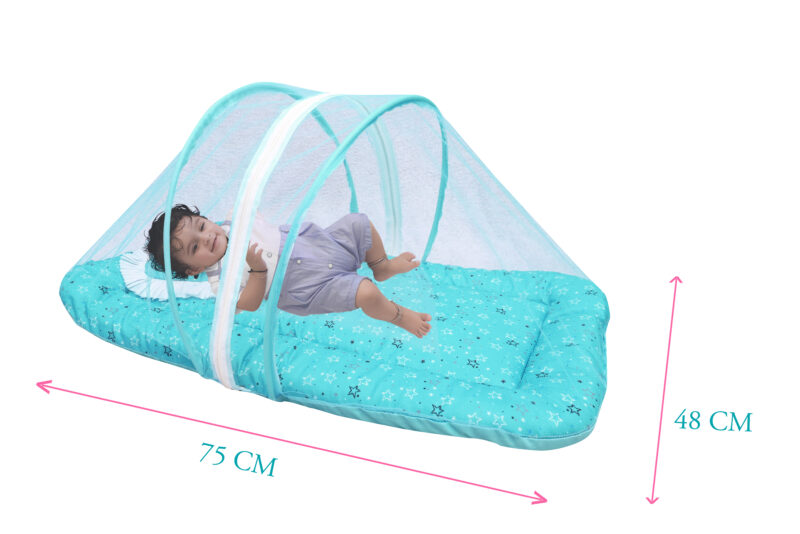GODADI WALA Present Print Cotton Bedding Set Thick Base Foldable  with Mosquito Net and Head Pillow - Zip Closure (Green Star) - Image 2
