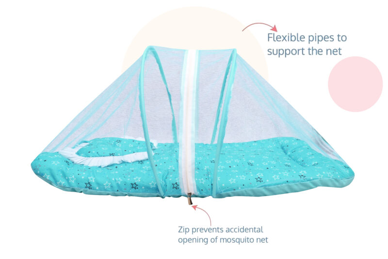 GODADI WALA Present Print Cotton Bedding Set Thick Base Foldable  with Mosquito Net and Head Pillow - Zip Closure (Green Star) - Image 3