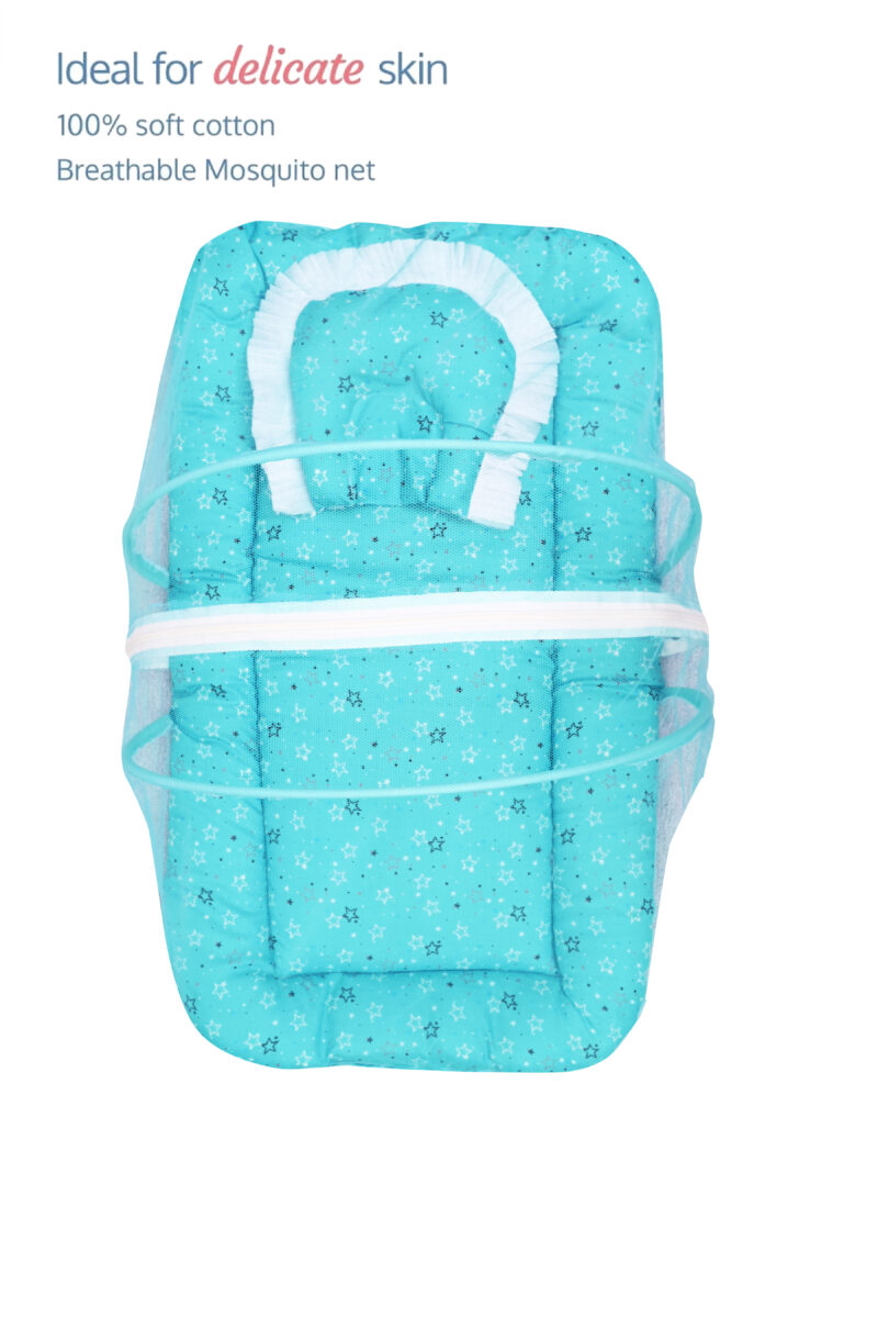 GODADI WALA Present Print Cotton Bedding Set Thick Base Foldable  with Mosquito Net and Head Pillow - Zip Closure (Green Star) - Image 4