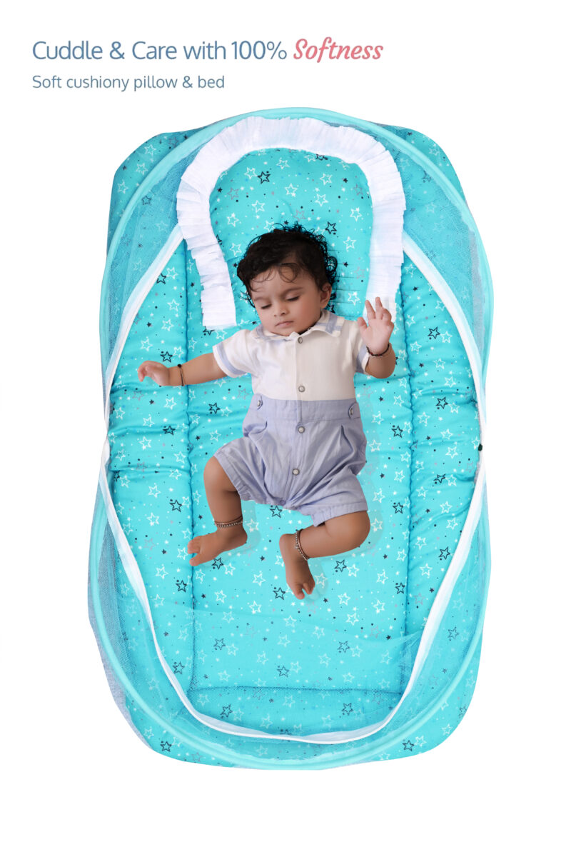 GODADI WALA Present Print Cotton Bedding Set Thick Base Foldable  with Mosquito Net and Head Pillow - Zip Closure (Green Star)