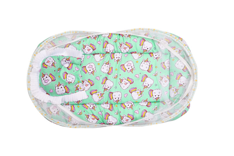 GODADI WALA Present Print Cotton Bedding Set Thick Base Foldable  with Mosquito Net and Head Pillow - Zip Closure (Green Unicorn)