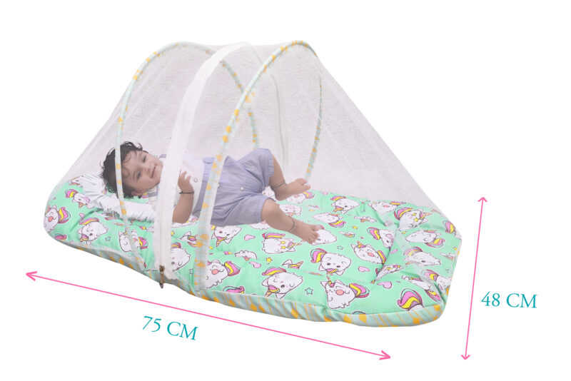 GODADI WALA Present Print Cotton Bedding Set Thick Base Foldable  with Mosquito Net and Head Pillow - Zip Closure (Green Unicorn) - Image 5