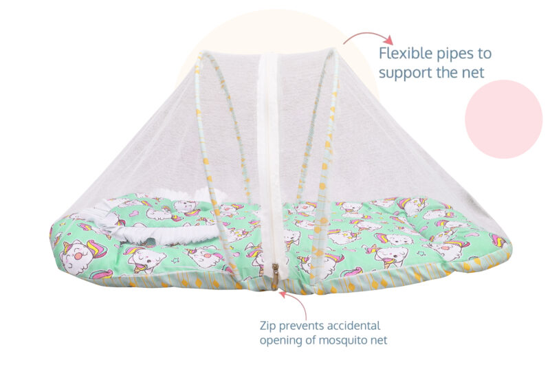 GODADI WALA Present Print Cotton Bedding Set Thick Base Foldable  with Mosquito Net and Head Pillow - Zip Closure (Green Unicorn) - Image 4