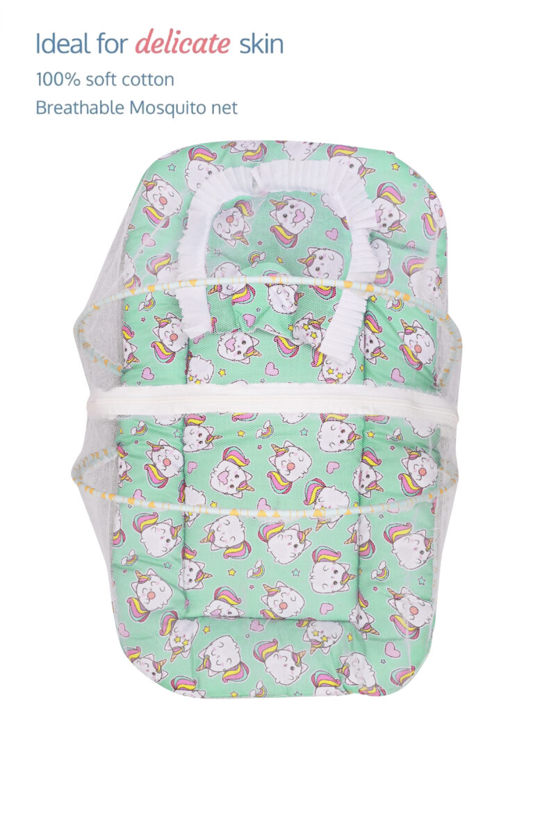 GODADI WALA Present Print Cotton Bedding Set Thick Base Foldable  with Mosquito Net and Head Pillow - Zip Closure (Green Unicorn) - Image 3