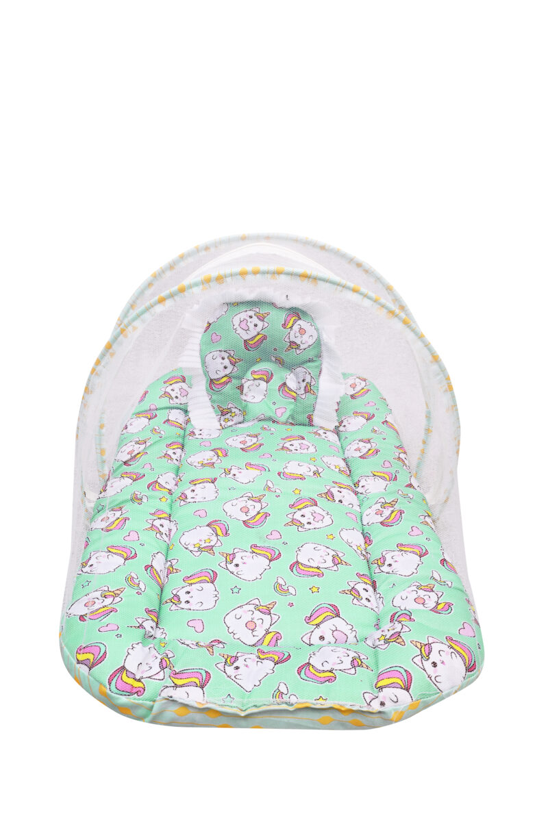 GODADI WALA Present Print Cotton Bedding Set Thick Base Foldable  with Mosquito Net and Head Pillow - Zip Closure (Green Unicorn) - Image 2