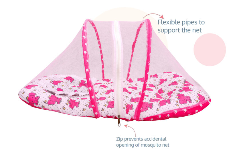 GODADI WALA Present Print Cotton Bedding Set Thick Base Foldable  with Mosquito Net and Head Pillow - Zip Closure (pink elephant) - Image 2