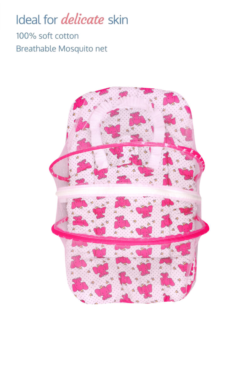 GODADI WALA Present Print Cotton Bedding Set Thick Base Foldable  with Mosquito Net and Head Pillow - Zip Closure (pink elephant) - Image 3
