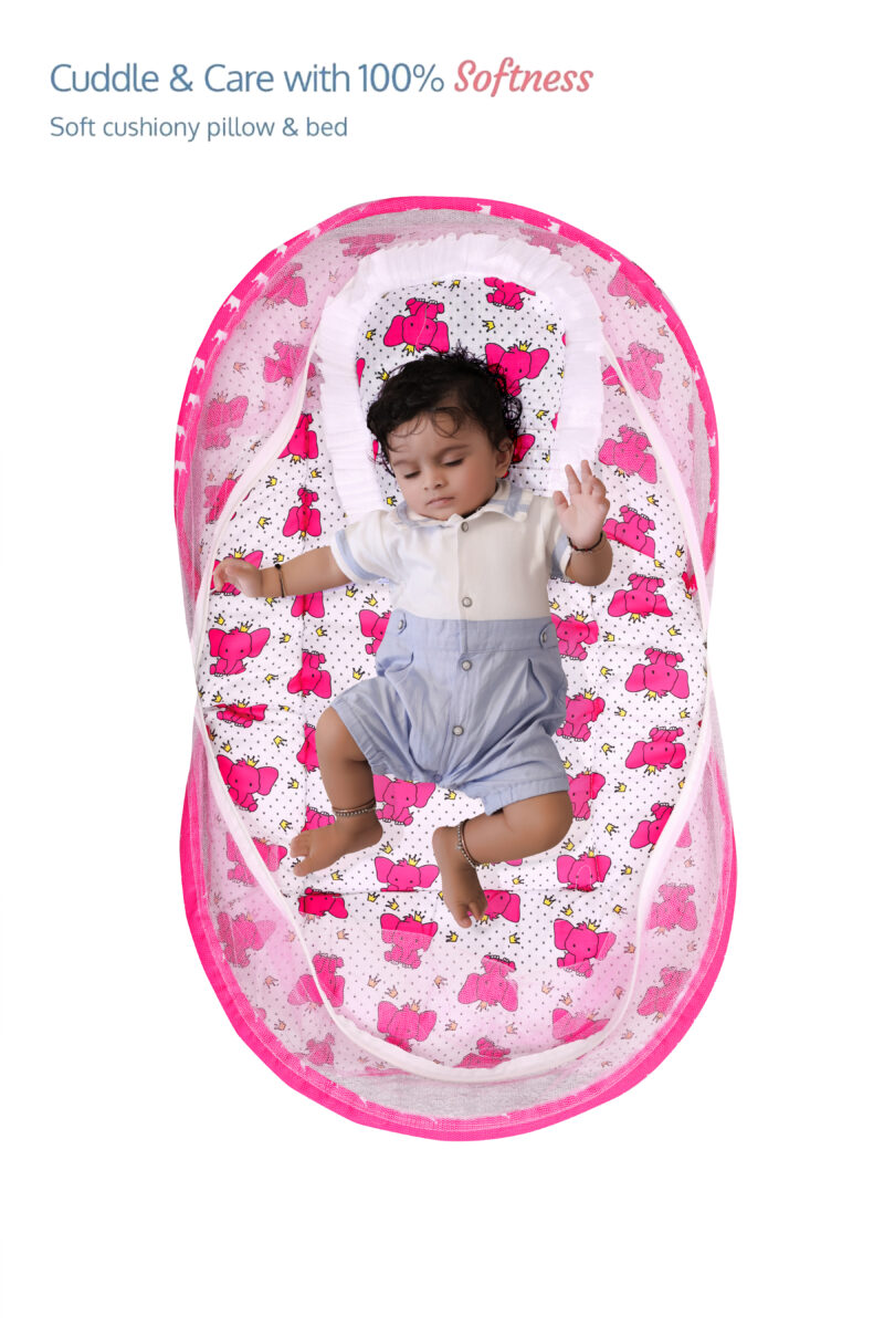 GODADI WALA Present Print Cotton Bedding Set Thick Base Foldable  with Mosquito Net and Head Pillow - Zip Closure (pink elephant)