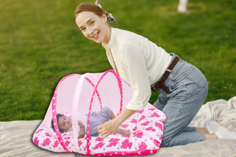 GODADI WALA Present Print Cotton Bedding Set Thick Base Foldable  with Mosquito Net and Head Pillow - Zip Closure (pink elephant) - Image 5
