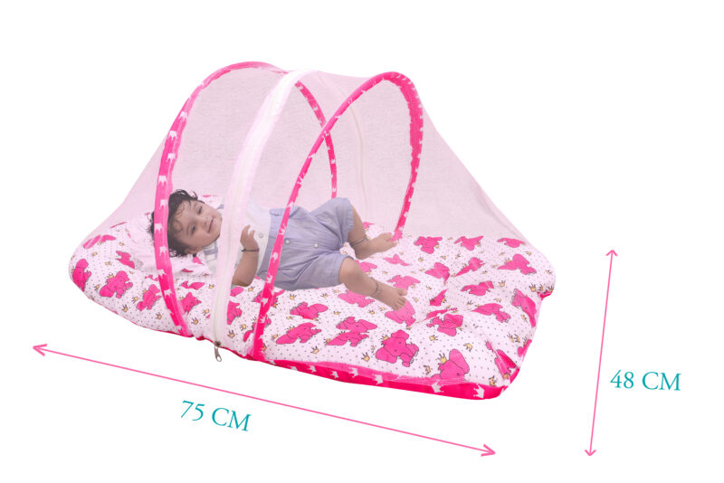 GODADI WALA Present Print Cotton Bedding Set Thick Base Foldable  with Mosquito Net and Head Pillow - Zip Closure (pink elephant) - Image 6