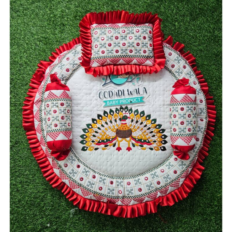 Godadi Wala Baby Bedding Set Embroidery Work Morpankh With Tent (0-10)Months (Red) - Image 3