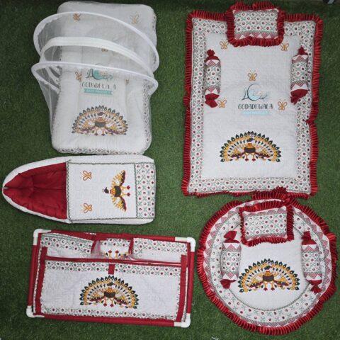 Godadi Wala Baby Bedding Set Embroidery Work Morpankh With Tent (0-10)Months (Red)